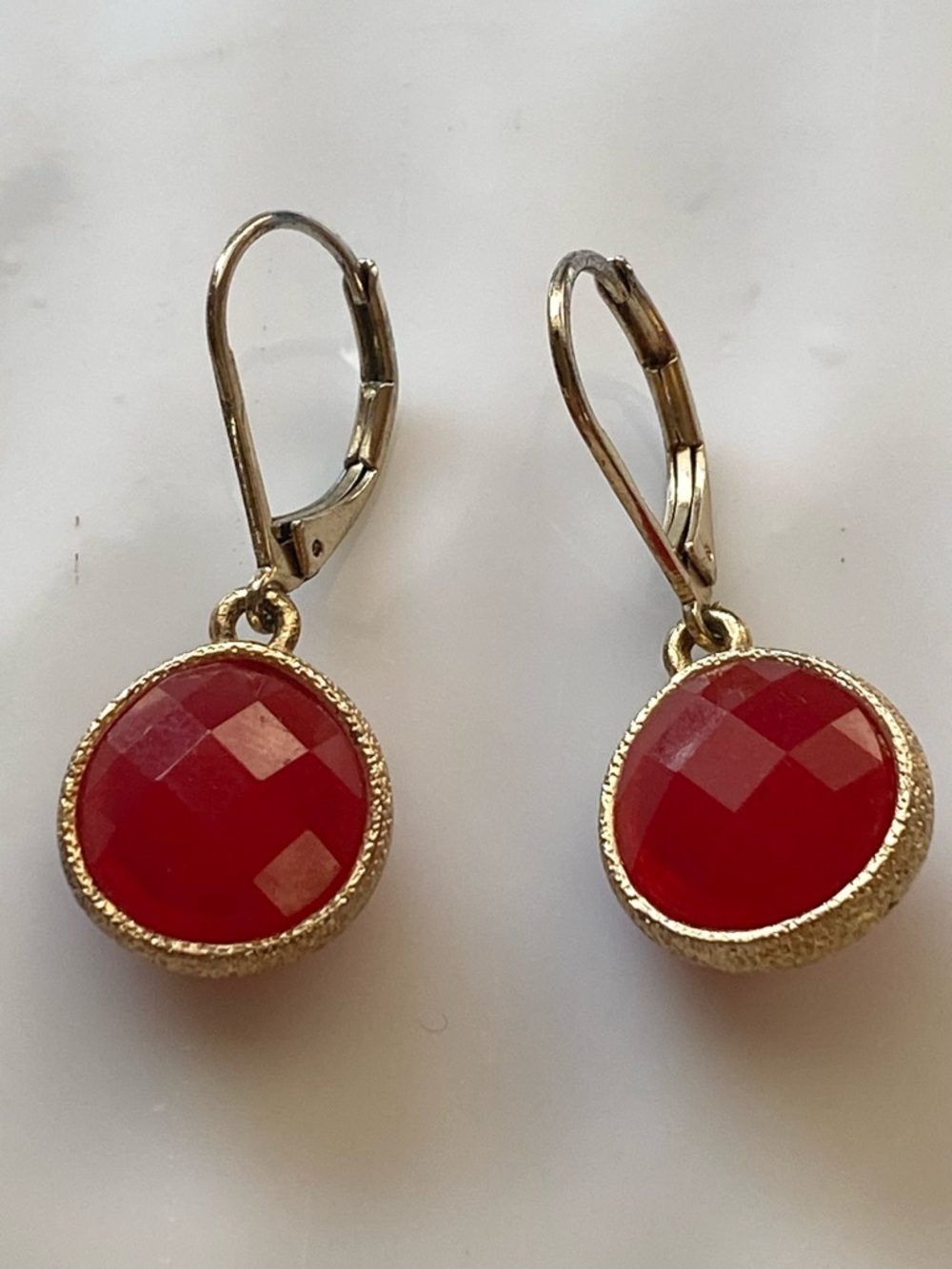 Gold-Trim Red Faceted Drop Earrings - Picture 4 of 6